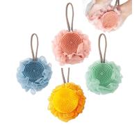 Super Soft Bath Ball with Silicone Body Scrubber, Mesh Pouf Loofah Sponge with Exfoliating Bath Cleaning Brush, 2-in-1 Massage Foaming Bath Accessories for Shower Soothe Skin (4Pcs)