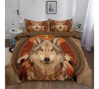 Super Soft Brushed Microfiber Duvet Cover Set, Brown Quilt Bedding Covers with 2 Pillowcases Cultural Symbol Animal Wolf Head Printed Reversible Pattern Quilt Cover Comfort Double Easy Care