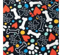 Super Soft Colorful Pet Pattern Fleece Fabric, 100% Polyester, 150cm Width, Black Base with Rainbow Paw Prints and Bones Design, Supplied by Metre as one Length (Per Metre, Cupids Collar)