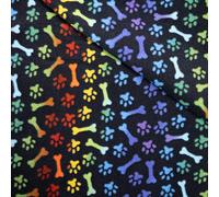 Super Soft Colorful Pet Pattern Fleece Fabric, 100% Polyester, 150cm Width, Black Base with Rainbow Paw Prints and Bones Design, Supplied by Metre as one Length (Per Metre, Fetch The Rainbow)