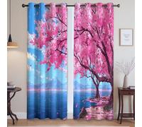 Super Soft Curtain Polyester Dreamy Romantic Cartoon Cherry Blossom Tree Blackout Thermal Insulated Curtains for Bedroom and Living Room, Pink and Blue, W 90" x L 72", 2 Panels