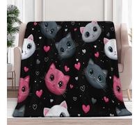 Super Soft Cute Heart Animal Cat Printed Throw Blanket, Small Single Size Fleece Flannel Black Throw Blanket - Cosy Bedding Blankets for Bedroom Bed Couch 51 × 59 inch