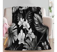 Super Soft Enchanting Plants Palm Leaves Flowers Printed Throw Blanket, Small Single Size Fleece Flannel Black Throw Blanket - Cosy Bedding Blankets for Bedroom Bed Couch 51 × 59 inch