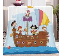 Super Soft Fluffy Fleece Throw Blanket Cartoon Pirate Ship Light Blue Non-Shedding, Cozy Blanket for Couch, Sofa or Bed - Ideal for Adults & Kids Room Décor Gift 70x100 cm