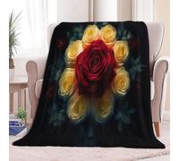 Super Soft Fluffy Fleece Throw Blanket Surreal Red And Yellow Roses Black, Fleece Blanket for Bed Couch and Sofa Soft Fluffy Print Blanket for Outdoor Travel, Bedroom, Double