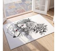 Super Soft Living Room Bedroom Rug Black White Mysterious Nordic Traditional Gothic Wolf Head Long Hair Man Rose Low Pile Non Shed Rug, Washable Non-Slip Kitchen Floor Mat 80x150cm (2.6x5ft)