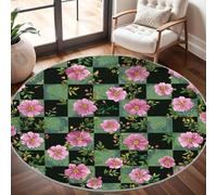 Super soft Round Rugs for Living Room Ø100cm, Floral Plaid Pattern Washable Non Slip Rugs for Bedroom, Light Green Circle Carpet for Living Room Kid’s Room Dining, Easy Care Floor Mat