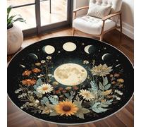 Super soft Round Rugs for Living Room Ø100cm, Plants And Florals Moon Phases Washable Non Slip Rugs for Bedroom, Black Circle Carpet for Living Room Kid’s Room Dining, Easy Care Floor Mat