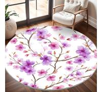 Super soft Round Rugs for Living Room Ø100cm, Romantic Watercolor Cherry Blossoms Washable Non Slip Rugs for Bedroom, White Circle Carpet for Living Room Kid’s Room Dining, Easy Care Floor Mat