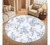 Super soft Round Rugs for Living Room Ø180cm, Blue Hibiscus Print Washable Non Slip Rugs for Bedroom, Light Blue Circle Carpet for Living Room Kid’s Room Dining, Easy Care Floor Mat