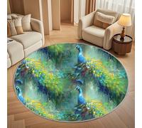 Super soft Round Rugs for Living Room Ø180cm, Watercolor Peacock Print Washable Non Slip Rugs for Bedroom, Green Circle Carpet for Living Room Kid’s Room Dining, Easy Care Floor Mat