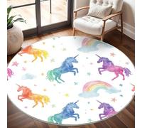 Super soft Round Rugs for Living Room Ø200cm, Colorful Unicorn Print Washable Non Slip Rugs for Bedroom, White Circle Carpet for Living Room Kid’s Room Dining, Easy Care Floor Mat