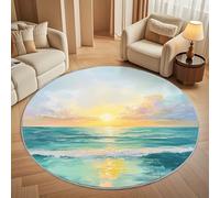 Super soft Round Rugs for Living Room Ø80cm, Ocean Beach Oil Painting Washable Non Slip Rugs for Bedroom, Pastel Color Circle Carpet for Living Room Kid’s Room Dining, Easy Care Floor Mat