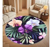 Super soft Round Rugs for Living Room Ø80cm, Tropical Orchid Palm Leaf Washable Non Slip Rugs for Bedroom, Watercolor Circle Carpet for Living Room Kid’s Room Dining, Easy Care Floor Mat