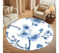 Super soft Round Rugs for Living Room Ø80cm, Watercolor Blue Plum Blossom Washable Non Slip Rugs for Bedroom, White Circle Carpet for Living Room Kid’s Room Dining, Easy Care Floor Mat