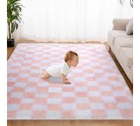Super Soft Rug for Bedroom, 4x6 Ft Pink and White Area Rug Classic Checkered Shaggy Anti-Skid High Pile Soft Fluffy Rug Fuzzy Carpet for Living Room Bedroom Kids Room Nursery, Dorm Home Decor
