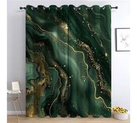 Super Soft Thermal Insulated Curtains Dark Green, Marble Green Gold Foil Texture Printed Blackout Window Drapes, Eyelet Decoration Curtains for Bedroom, Living Room 92x72 Inch