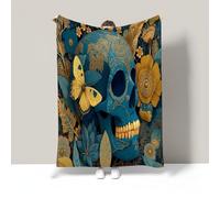 Super Soft Throw Blanket Teal Premium Silky Flannel Fleece Gold Foil Candy Bones Pattern Lightweight Couch Sofa Bed Blanket Plush All Season Use Luxe Gothic Throw, 50"X60"