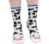 Super Soft Warm Cute Animal Non-Slip Fuzzy Fluffy Crew Winter Home Socks, 1 Pair - White Cow - Small