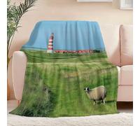 Super Soft Warm Sherpa Blanket 71" x 79", All Season Use Nature Photography Islands Lighthouses Meadows Printed Throw for Kids Teens Adults - Fluffy Flannel for Living Room and Bedroom Bed Sofa Green