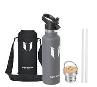 Super Sparrow Water Bottle Stainless Steel - 620ml - Insulated Metal Water Bottles - Standard Mouth Flask - BPA Free - Straw Bottle for Work, Gym, Sports - 2 Lids