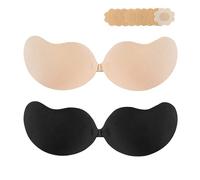 Super Sticky Invisible Push up Self Adhesive Bra Backless Breast Lift Bra Reusable, Black+beige, B