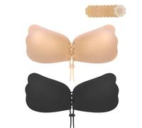Super Sticky Strapless Bra Adhesive Push Up Bras Invisible Reusable Lift Up Bra 2 Pairs, Black+ Lycra Nude, D