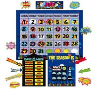 Super Themed Hero Classroom Calendar Bulletin Board Set Colorful Classroom Chalkboard Decoration Number Seasons Month W estival with Hook and Loop Dots for Decoration Back to School Supplies