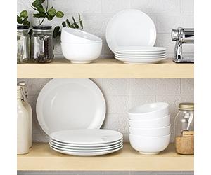 Super White Premium Porcelain - Waterside 18pc Vermont Porcelain Dinner Set; 6 Dinner Plates, Side Plates and Deep Bowls - Dishwasher & Microwave Safe