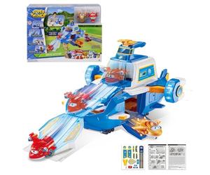 Super Wings Airport World Aircraft Playset + 2 Toy Plane and Transform-a-Bots Figures from Season 5 of the Cartoon Series Toy for Children Aged 3 and Above - Blue