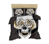 Superb Skull Duvet Cover Set - Gothic Skull & Flower Comforter, 3D Skeleton Bones Bedspread with Pillow Shams, Zipper Closure (Gray, Double 200x200 cm)