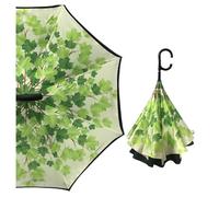 Superbia New Version Auto Opening Double Layer Folding Inverted Umbrella, Self Stand Upside-down Rain Protection Car Reverse Umbrellas with C-shaped Handle Big Straight Umbrella (Green Leaves)