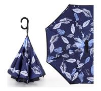 Superbia New Version Auto Opening Double Layer Folding Inverted Umbrella, Self Stand Upside-down Rain Protection Car Reverse Umbrellas with C-shaped Handle Big Straight Umbrella (Blue Leaves)
