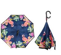 Superbia New Version Auto Opening Double Layer Folding Inverted Umbrella, Self Stand Upside-down Rain Protection Car Reverse Umbrellas with C-shaped Handle Big Straight Umbrella (Flamingo)