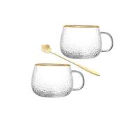 Supercap - Vintage Glass Coffee Mugs with Gold Rims, 15oz Ribbed Glass Cup with Handle, Spoon, Clear Cups for Hot & Cold Beverages, Espresso Coffee, Juice (ice Point+Gold Rim, 2pcs)