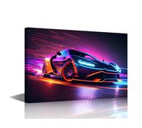 Supercar Wall Art 1 Panel Speeding of a Neon Supercar on a Night Road Pictures Print on Canvas for Living Room Bedroom Decoration, Stretched and Framed Ready to Hang, 24"Wx16"H
