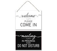 SUPERDANT 1 PCS Welcome and Meeting Wooden Signs Office Wall Decorative Double Sided Plaque Welcome and Meeting In Progress Wall-mounted Hanging Black and White Wood Signs Decor for Office Decor