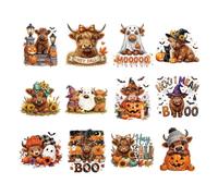 SUPERDANT 12 Pack Iron On Transfers Highland Cow DTF PVC Vinyl Decals Halloween Designs Read to Press for Tshirts Hoodies Sweatshirts DIY Custom Clothing Projects Spooky Gifts