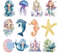 SUPERDANT 12Pcs Mermaid Heat Transfer Set 8x8cm/3.15x3.15 Inch PVC Mermaid Tshirt Transfers Ready-to-Press Colorful Vinyl Iron-On for Small DIY Projects