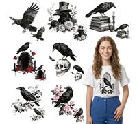 SUPERDANT 16PCS Iron On Transfer Paper Crows and Flowers Heat Transfer Sticker Skulls Hot Press Patch Decals Applique DIY Decoration for Clothes T-Shirts Cushion
