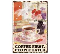 SUPERDANT 1Pc Metal Signs Coffee Decor Coffee First People Later Tin Signs Retro Metal Sign Funny Kitchen Wall Art Pre-Drilled for Cafe Home Living Room Bedroom Porch 30x20cm