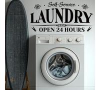 SUPERDANT 24 Hours Laundry Wall Stickers Open 24 Hours Wall Decals Self Service Laundry Room Black Vinyl Art Decal for Home Washer Dryer Area Door Decor 96x30cm