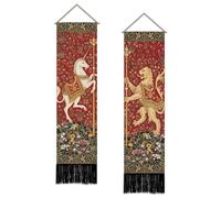 SUPERDANT 2Pc Medieval Lion Tapestry Vertical Wall Hanging Set 51x13 Inch/130x33cm Narrow Retro Panel with Rod for Apartment Hallway Bedroom Man Cave Colorful