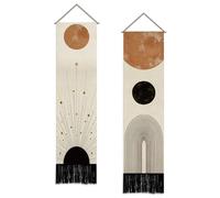 SUPERDANT 2Pcs Boho Abstract Sun Moon Vertical Long Tapestry Minimalist Geometric Wall Hanging with Black Fringe Polyester Narrow Wall Decor for Bedroom Doorway Study Home Decor 130x33cm