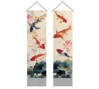 SUPERDANT 2PCS Ink Koi Tapestry Chinese Lotus Wall Hanging Tapestries Long Vertical Tassel Tapestry with Poles Ropes for Bedroom Living Room Porch Hallway Office Home Decoration 45.6x13 inch