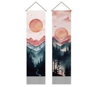 SUPERDANT 2PCS Mountain Forest Tapestry Modern Watercolor Wall Hanging Tapestries Long Vertical Tassel Tapestry with Poles Ropes for Bedroom Living Room Hallway Office Home Decoration 45.6x13 inch