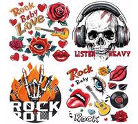 SUPERDANT 4 PCS Rock Music Heat Transfer Stickers Skeleton Iron-On Transfers Plastic Stickers Set Clothing Iron on Decals for Boys T-Shirt Canvas Bags Jackets DIY Crafts 25x25CM
