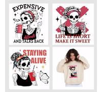 SUPERDANT 4 Pcs Skull Girl Iron on Transfers Funny Lettering Iron on Transfer Paper Skull Drinking Transfer Paper T-Shirt Printing Heat Transfesr Vinyl for Clothing Canvas Bag DIY Decors