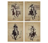 SUPERDANT 4 PCS Western Cowboy Wall Painting Picture Horse Riding Wall Prints Vintage Newspaper Oil Canvas Man Cave Decor for Living Room Bedroom Kitchen Unframed 25x20cm