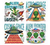 SUPERDANT 4PCS Alien UFO Iron on Transfer Paper Funny Text Colorful Heat Transfer Sticker Washable Iron on Decals for T Shirts DTF Transfers Ready to Press for Clothing Hoodie Jackets DIY Gift
